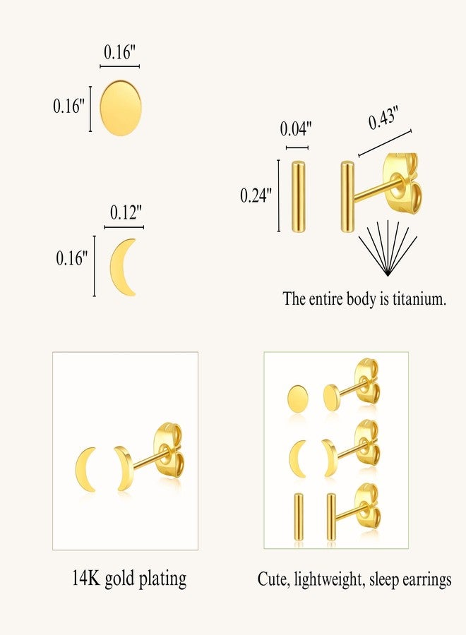 BLISI 3 Pairs Medical Grade Titanium Earrings Minimalist Gold Dot Bar Moon Studs Earrings Hypoallergenic Tiny Studs Earrings Line Stick Earrings - Image 5